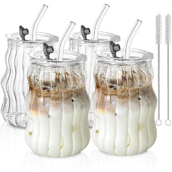 KEMORELA 4PCS Ribbed Glass Cups with Lids & Straws – 18oz Vintage Wavy Glass Coffee Cups, Bubble Glass Aesthetic for Iced Coffee, Clear Ribbed