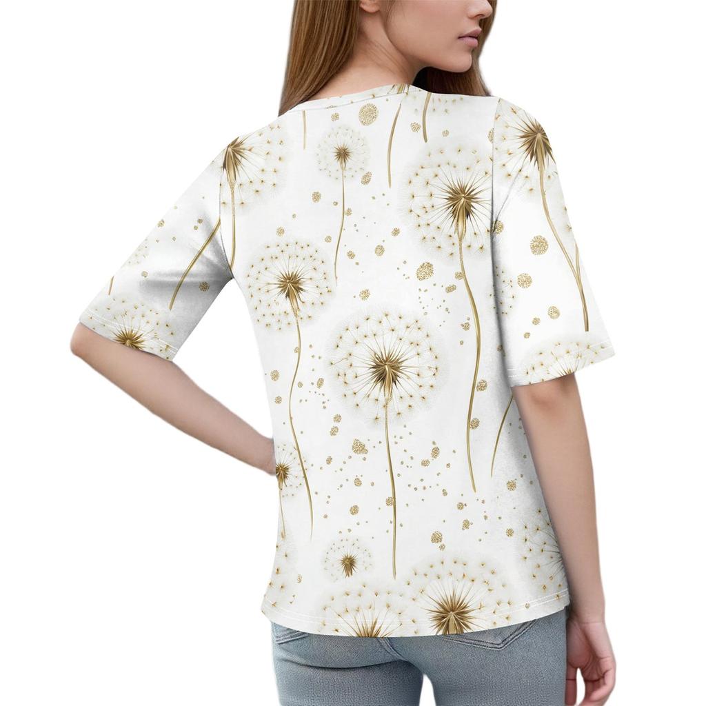 Women's Fashion Printed Round Neck Button Half Sleeve Casual Top