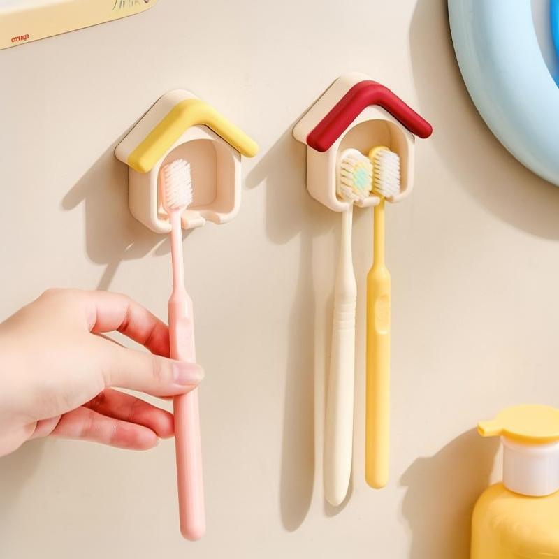 House Shape Toothbrush Holder Punch Free Wall Mounted Toothbrush Storage Rack Draining Bathroom Organizer For Bathroom Decor