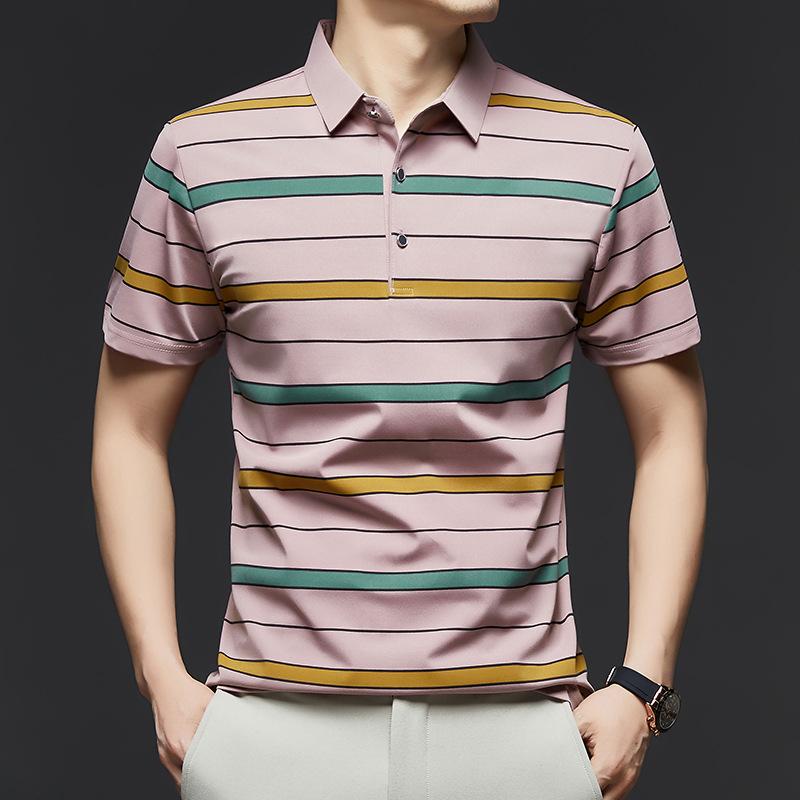 Short Sleeved Men's Polo Shirt Summer New Business Casual Striped Thin Ice Silk T-shirt Base Shirt
