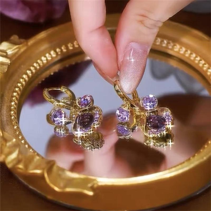 Luxury Fashion Purple Zircon Leaf Pendant Earrings for Women Elegant Crystal Flower Ear Buckle Earring Girl Party Jewelry Gifts