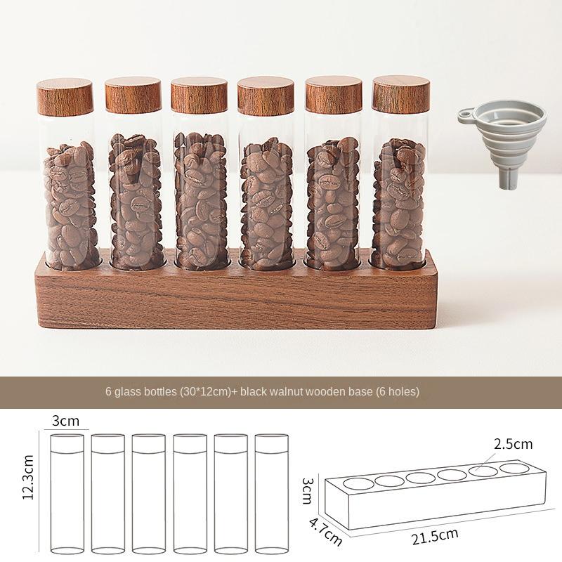 Einzeldosis-Kaffeebohnen-Aufbewahrungsröhrchen, Kaffeebohnenkeller, 10 Stück, Dosierglasfläschchen mit Deckel, Holzständer und Trichter