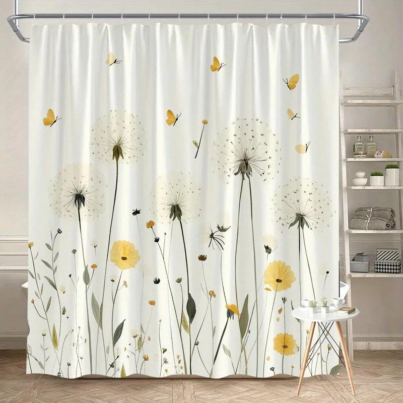 Textile Article Yellow Pastel Butterfly Dandelion Shower Curtain Watercolor Texture Butterflies Blooming Flowers Polyester Bath Decor 12 Hooks