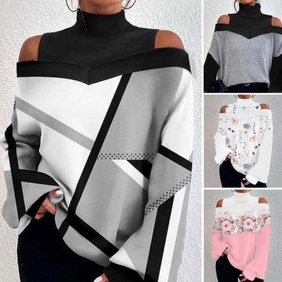 Women Autumn Winter Pullover Blouse Off Shoulder Loose Printing Long Sleeve