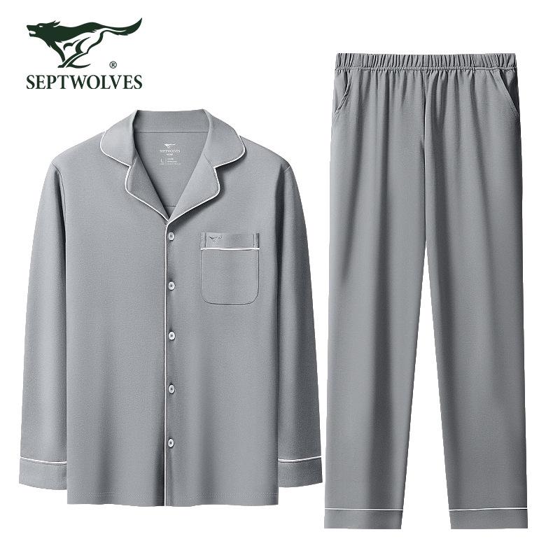 Pánské pyžamo Septwolves z čisté bavlny, jednobarevné, s dlouhým rukávem a rozepínáním vpředu