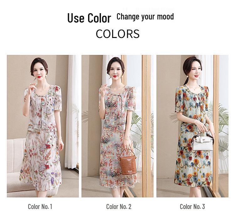 Chiffon V-neck Printed Dress for Women 2025 - Elegant Two-Piece Style for Middle-aged and Elderly Summer Fashion