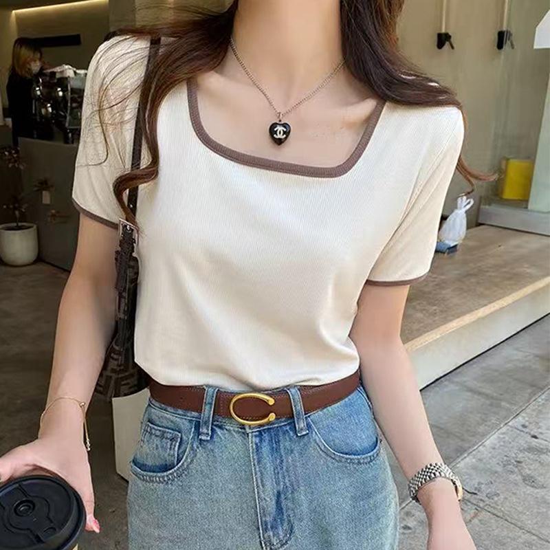 

Новая летняя женская одежда. Футболка женская с квадратным вырезом, большого размера, облегающая и стройнящая. 2XL абрикосовый