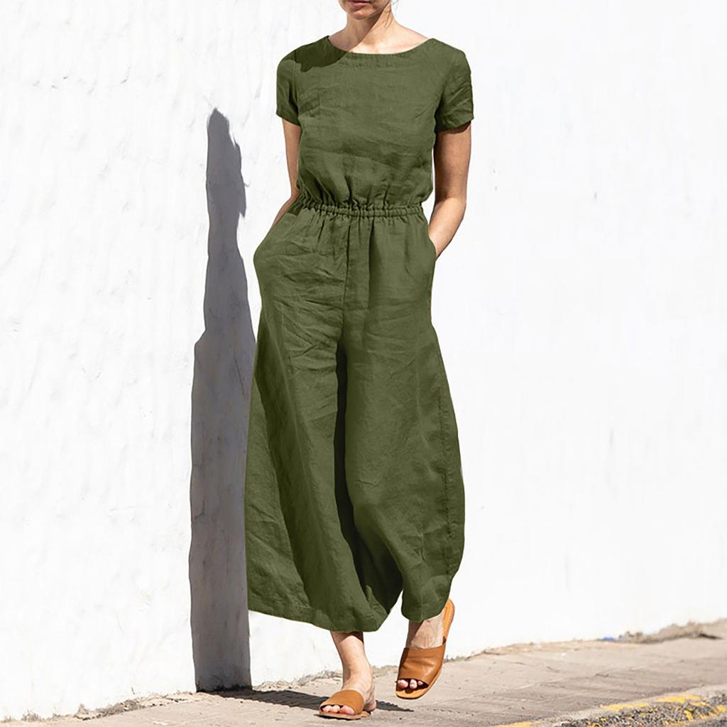 Women s Fashion Loose Casual Solid Color Linen Short Sleeve Temperament Wide-leg Long XXXXXL