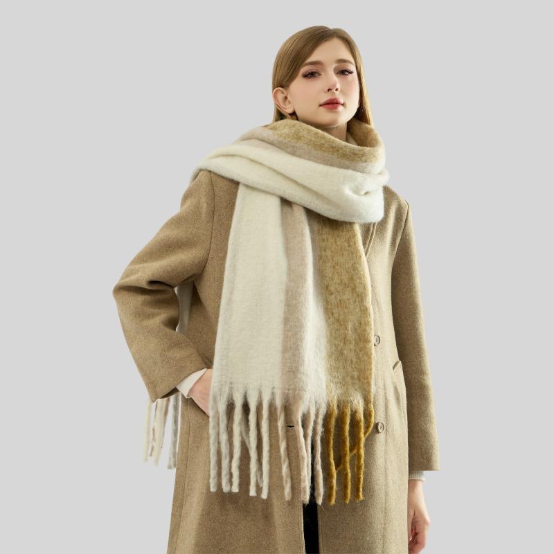 Color matching mohair scarf women's autumn and winter advanced sense thickened warm versatile scarf simple versatile scarf