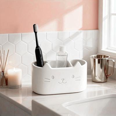 Toothbrush Holder Cartoon Cat Design Multifunctional Bathroom Organizer Makeup Brushes Pens Kitchen Utensils