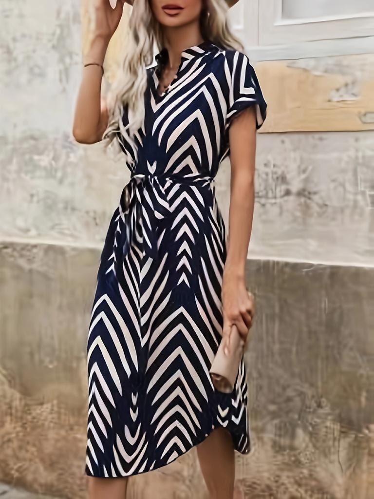 Summer Fashion Clothing Women's Elegant and Casual V-neck Short Sleeved Stripe Belt Comfortable Dress