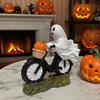 Spooky Cute Halloween Decor Ghost Riding Motorcycle Figurine, Novelty Rider Resin Figurine On Bicycle Statue with Pumpkin for Indoor Home Desk
