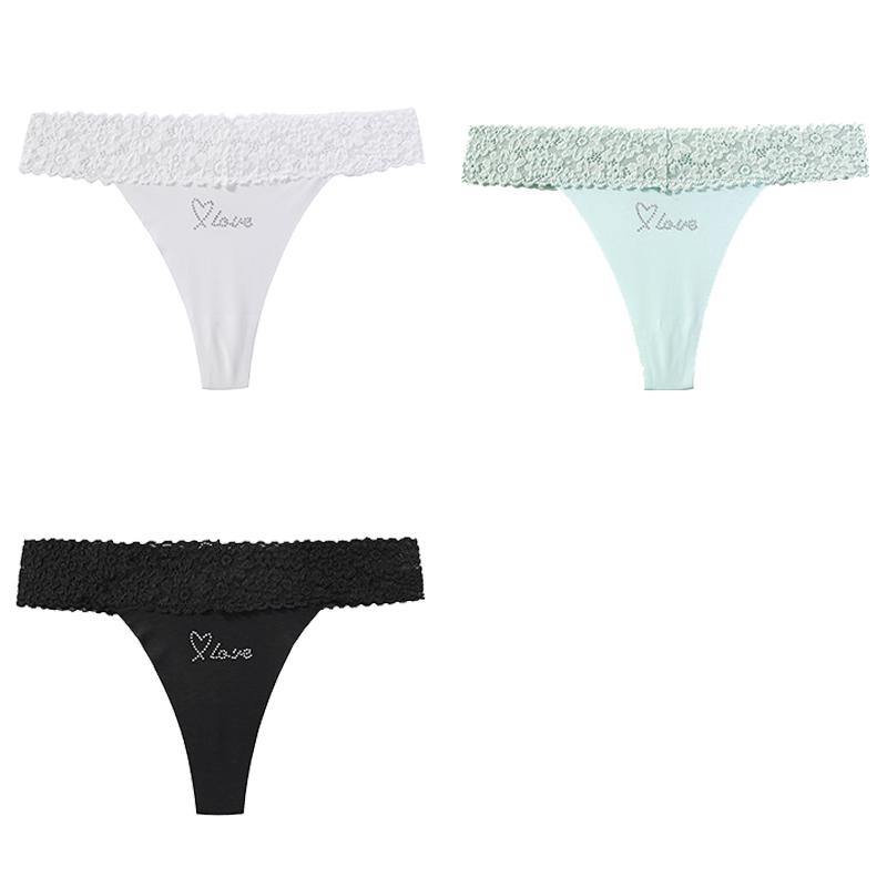 CINOON 3 Stück/Los Damen Sexy Niedrig geschnittener Tanga Spitze am Bund Nahtloser Slip Einfarbiger Leichter Atmungsaktiver Tanga