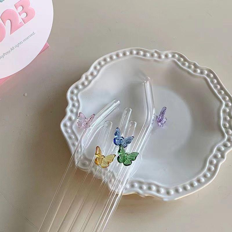 Transparent Bent Butterfly Glass Straw for Juice & Milk - High Temperature Resistant Stirrer