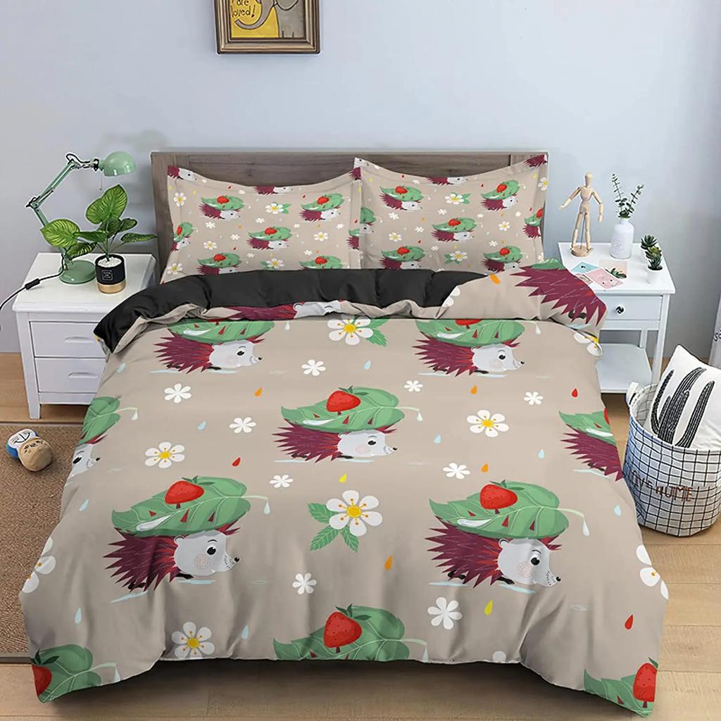 Comforter Cartoon Hedgehog Bedding Set Cute Hedgehog Flower Pattern Polyester Comforter Wildlife With Zipper