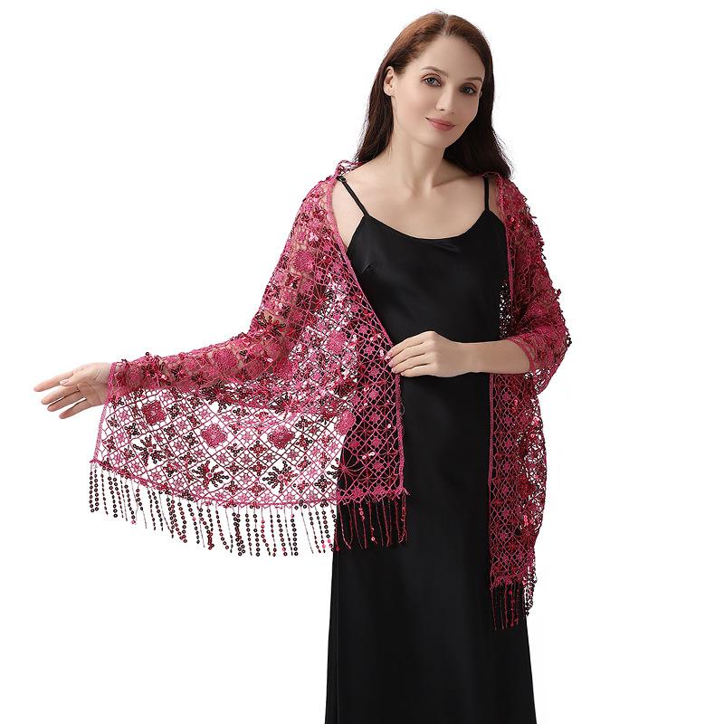 50*180cm with Fringed Women's Sparkling Sequin Lace Deco Scarf, Shawl Wraps For Evening Dress Mesh Shawls Capes For Party