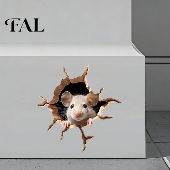 Funny Animal Wall Art Peeking Mouse Sticker, 3D Broken Hole Effect Decals, Glass Realistic Breaking Window Stickers, Removable PVC for Bedroom Living