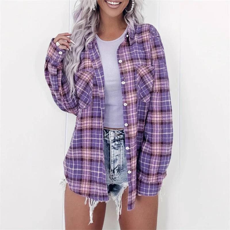 Cardigan Camisa Feminina Xadrez de Manga Comprida com Gola Pontuda para a Primavera 2025