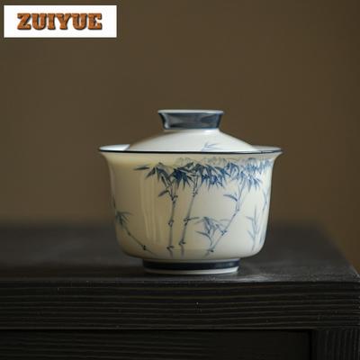 140ml Handbemalte Blau-Weiße Bambus Gaiwan Retro Tee-Terrine Teeschale mit Deckel Set Teezubereiter Deckelschale Teegeschirr Handwerk Geschenk