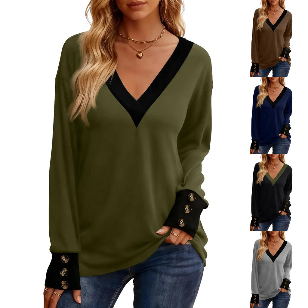Women's Fashion Plus V-neck Button Up Long Sleeved Color Blocked Pullover T-shirt Top