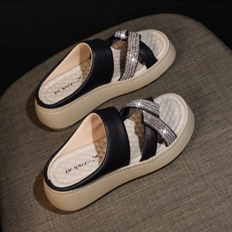 thick-soled soft leather rhinestone slippers for women to wear outside summer 2025 new high-end fashion versatile lazy women cool slippers