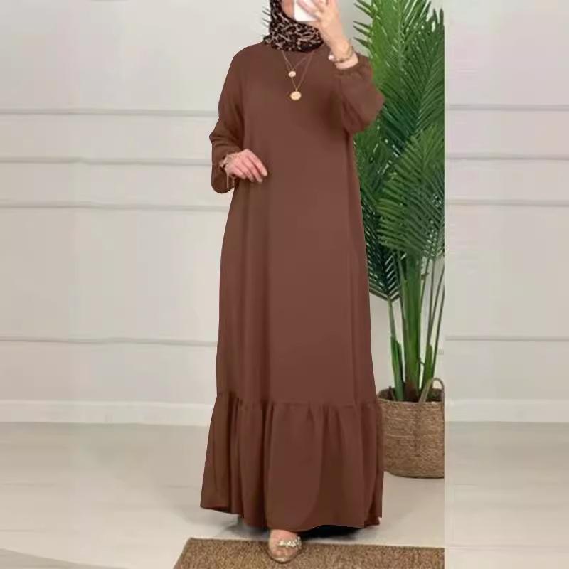 Elegant Puff Sleeve Solid Color Arabic Long Dress with Ruffles