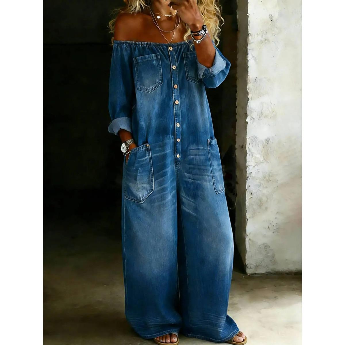 

Fashion Retro Imitation Denim Jumpsuit for Women Summer Single-Breasted Off-shoulder Long Loose Jumpsuit Overall Pants S синий