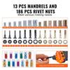 Rivet Nut Tool, 16” Rivnut Tool Kit with 13PCS Metric and SAE Mandrels, 186PCS Rivet Nuts, M3, M4, 10-24, M5, M6, 1/4-20, 8-32, 5/16-18, M8, 3/8-16,