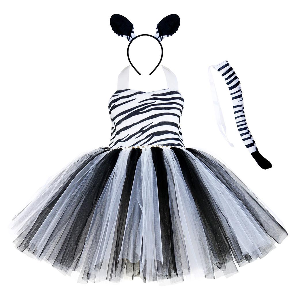 Baby Girls Halloween Cosplay Costume Kids Forest Theme Giraffe Cows Tiger Print Tutu Dress Party