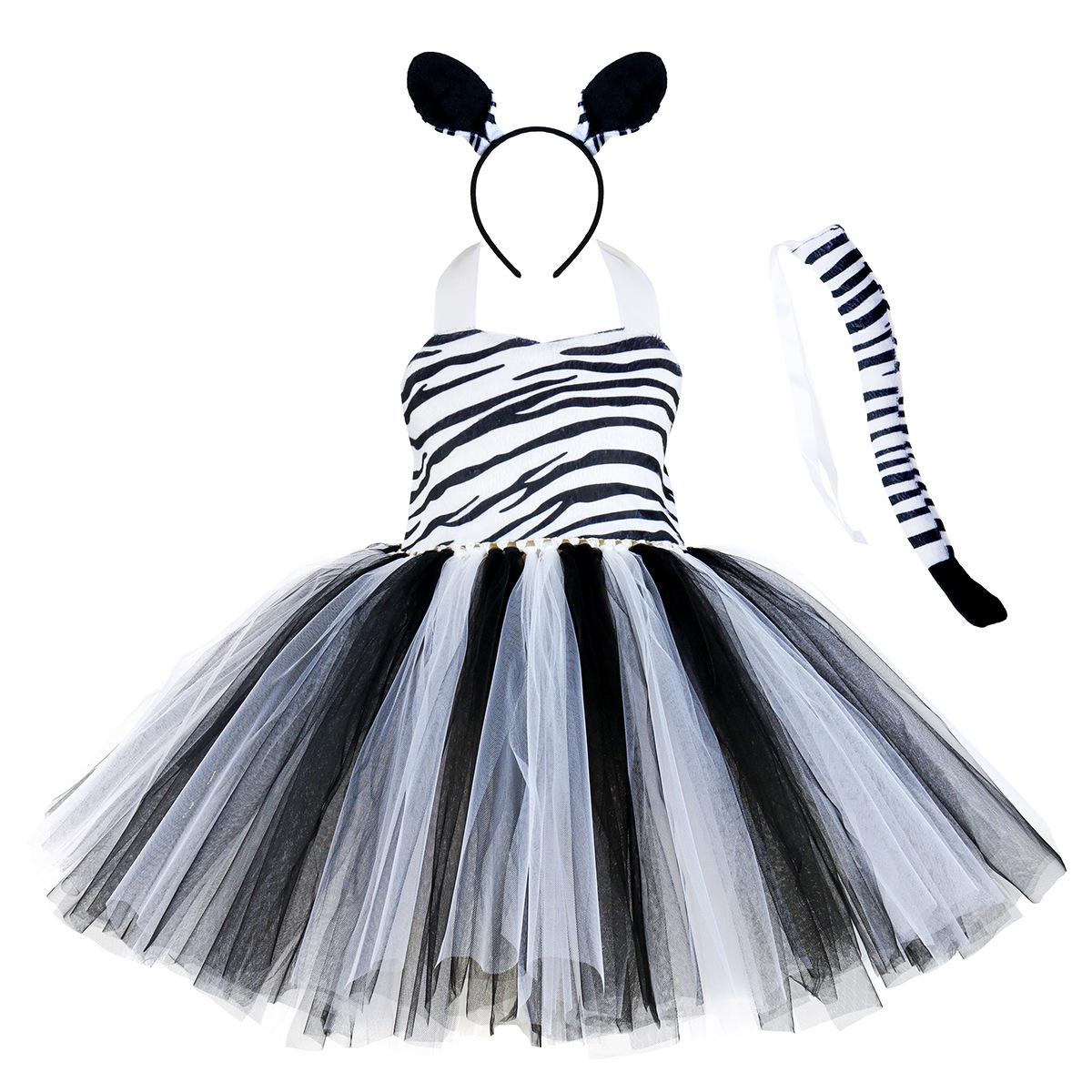 Costume Cosplay Animale di Halloween per Bambine Abito Tutù a Stampa Giraffa Mucche Tigre Leopardo Zebra a Tema Foresta per Bambini Festa di Compleanno L