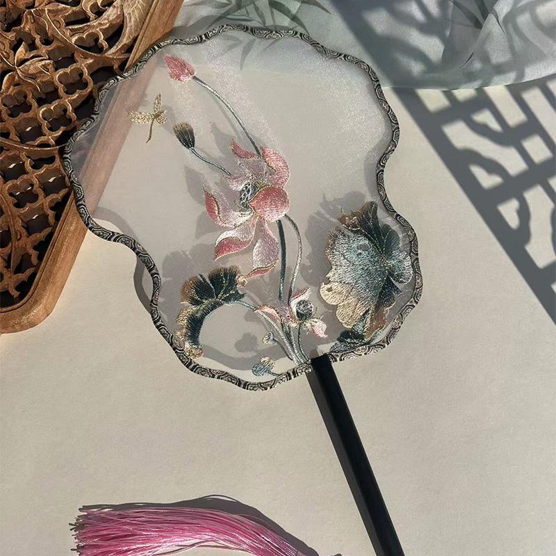 Chinese Style Hanfu Ancient Fan Dance Shooting Long Handled Embroidered Classical Double Sided Fan Female Decorative Fan