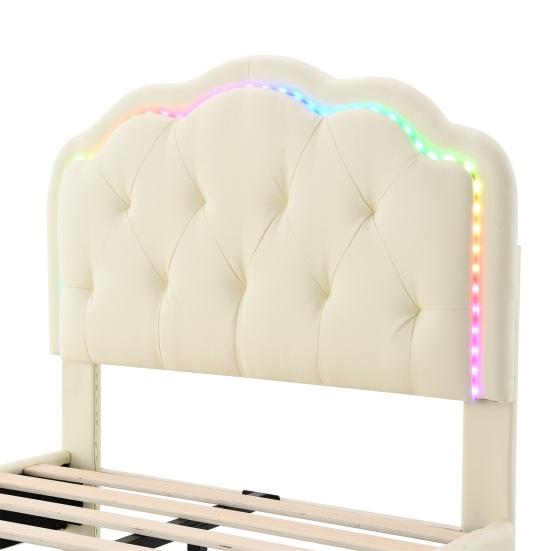 Bedroom Bed Upholstered Running Light Effect Higher Feet Without Mattress Wavy Headboard Apartment Furniture Changing LED Strip Sleep Faux Leather