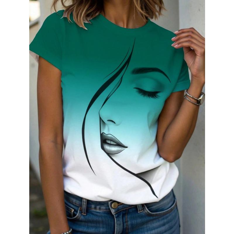 Summer Round Neck 3D Facial Depiction Pattern Print Top Fashionable Casual Short Sleeved Women's T-shirts