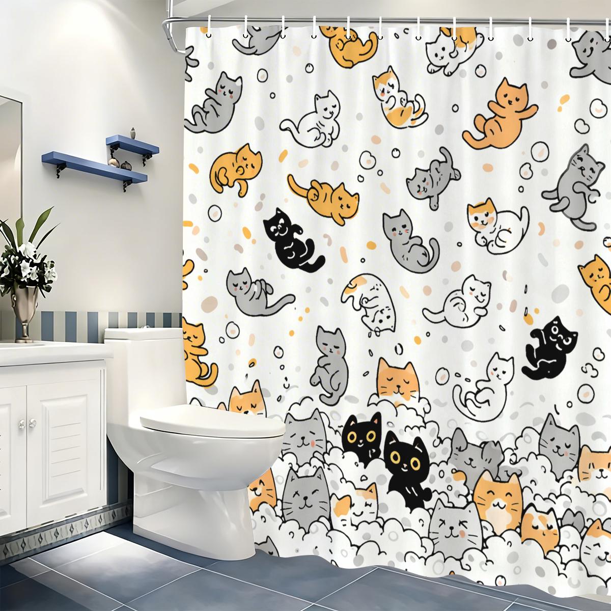 

Whimsical Themed Polyester Shower Curtain - Adorable Cat & Moth Printed Bath Curtain For Home Bathroom Decor W60H190(CM)-1 Pcs