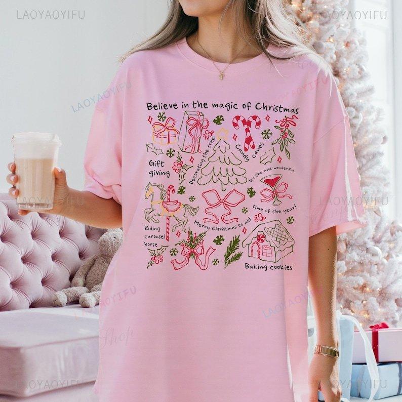 Retro Christmas Shirts for Women Christmas Cotton Shirt Believe in The Magic of Christmas Vintage Holiday New in Tops  Tees S