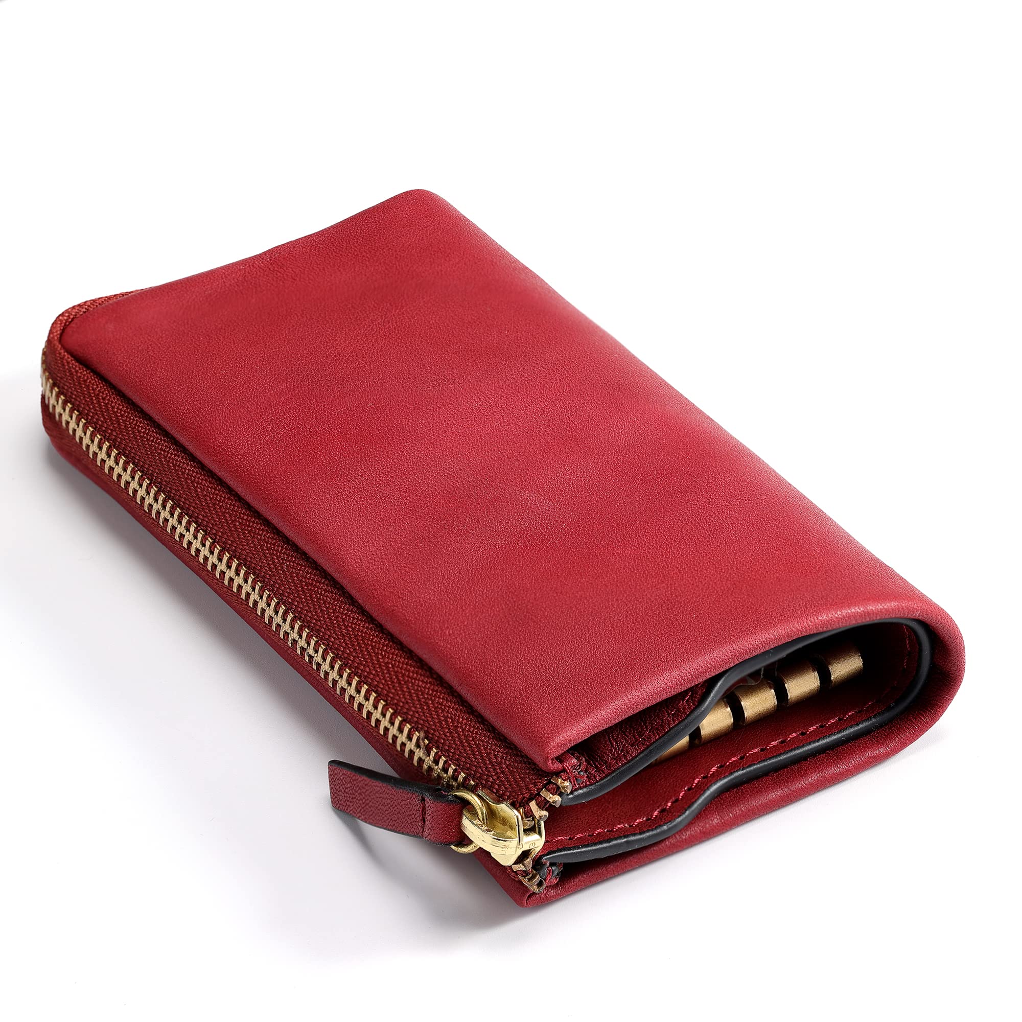 

[IJUN] Vintage Key Case with Card Slots and Zipper, Handmade from Vegetable-Tanned Leather