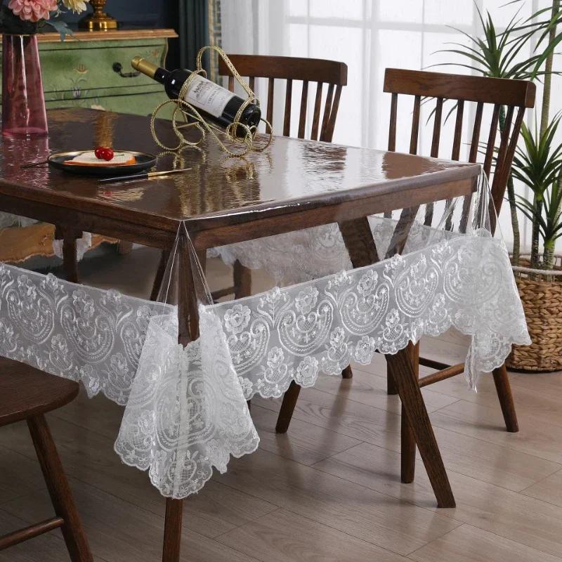 New Tablecloth European Lace PVC Waterproof and Oil-proof Furniture Dustproof Cloth Lace Hem Transparent Tablecloth for Home