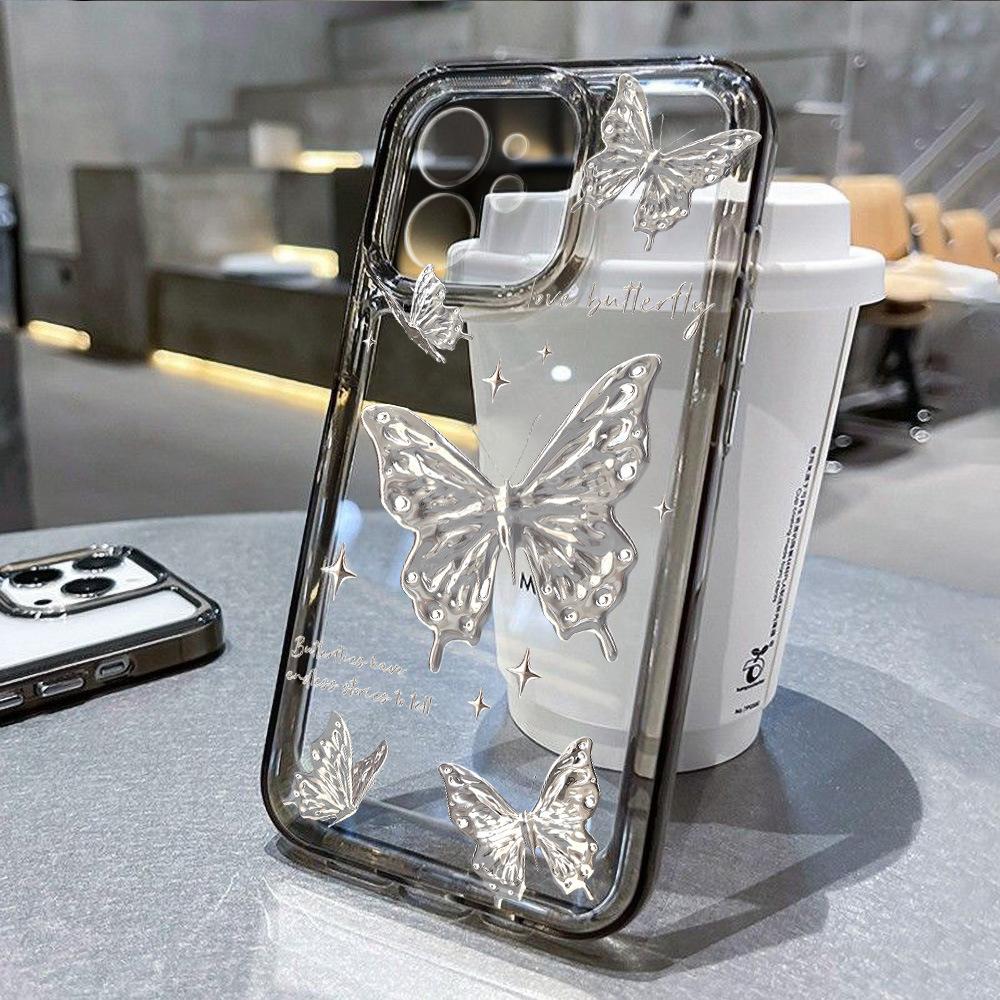 Silver butterfly for iPhone17 Pro space phone case Apple 16 transparent 15/14 advanced sense 13 fine holes