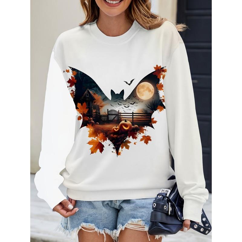 Womens Casual Hoodie With 3D Halloween Print Round Neck Lightweight Breathable Fabric