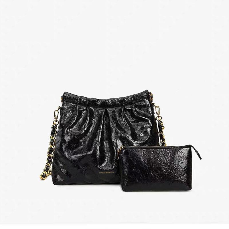 Leather Bag, New Mother and Child Chain Bag, Women's Bag, Large-capacity High-end Messenger Bag, Pleated Bag, Stray Bag.