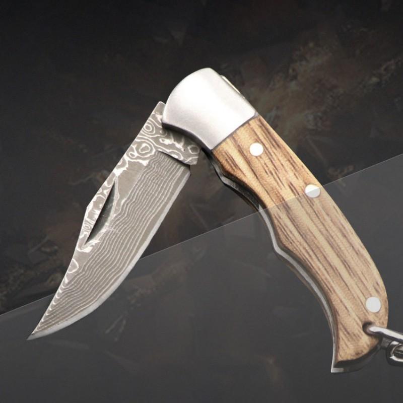 Damascus Blade Pocket Knife Wooden Handle Folding Knife Keychain Unboxing Cutter Outdoor Survival Gadgets Multitool Hand Tool