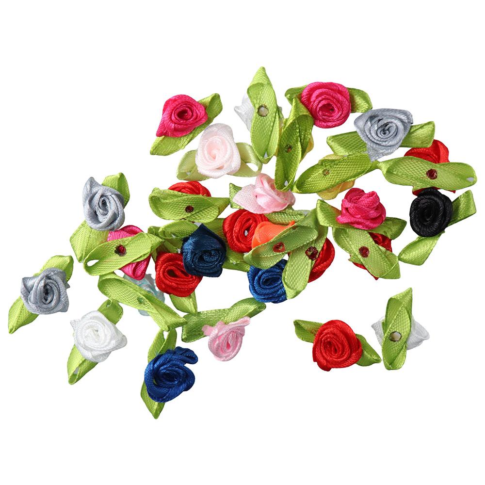 

Mini Ribbon Roses Mixed Color Flowers and Green Leaves Artificial Fabric For Festival Decor