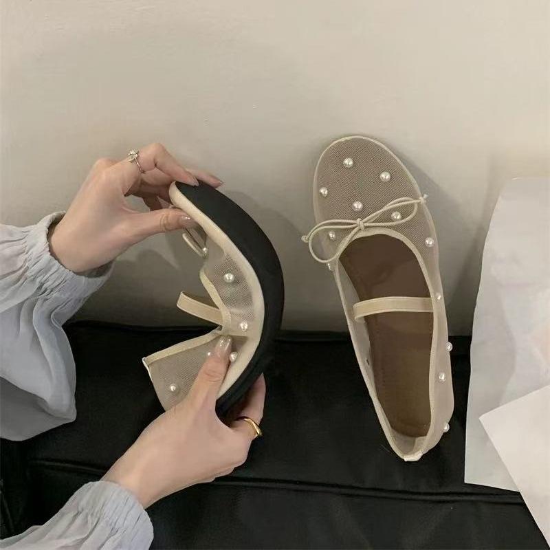 Rhinestone Single Shoes Women's Summer New Round Toe Shallow Mesh Breathable Bow Mary Jane Soft Sole Non-Slip Flats