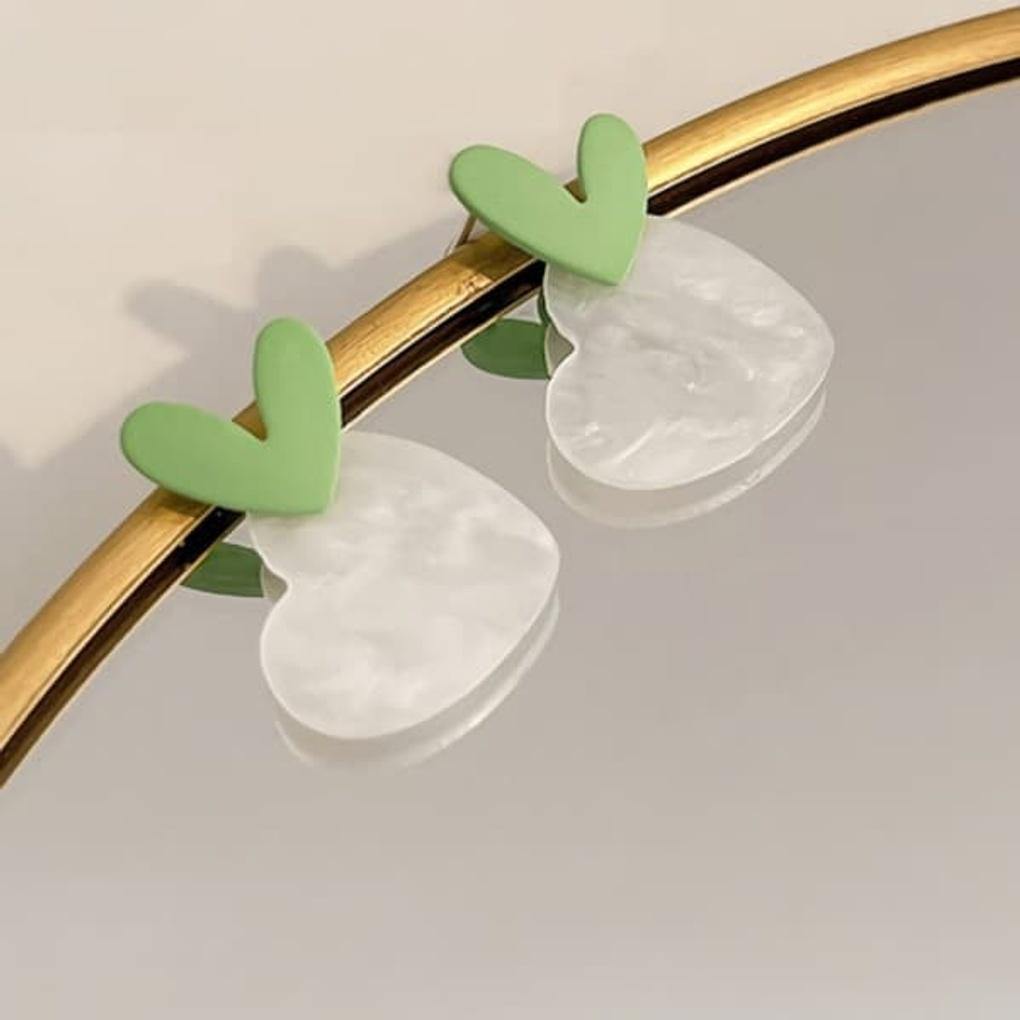 Women's Mother-of-Pearl Heart and Mini Green Heart Silver Needle Earrings