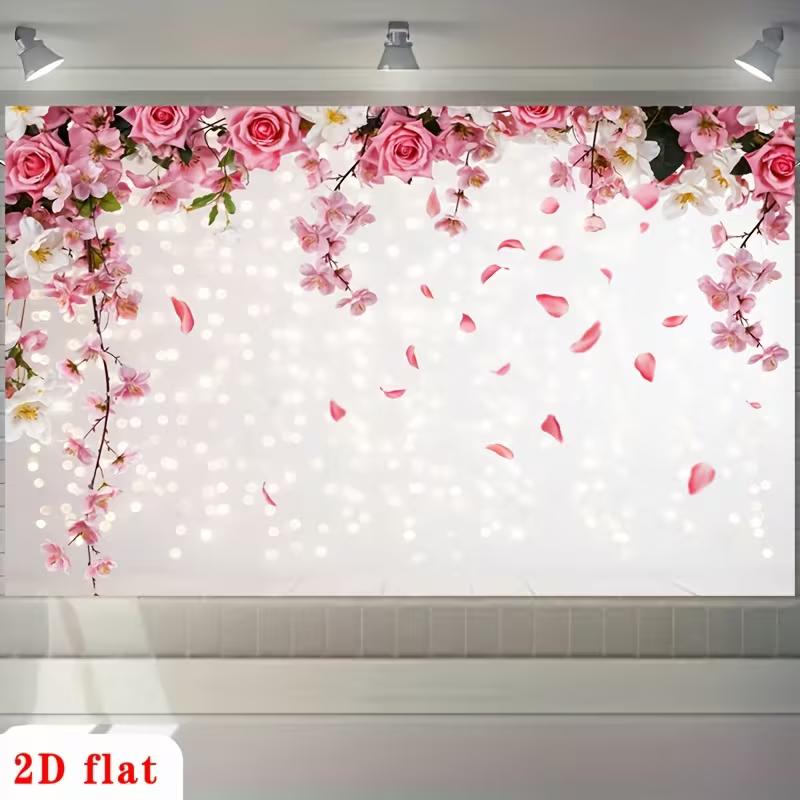 2D Elegant Pink Rose & Sakura Backdrop with Trailing Blooms and Glowing Lights
