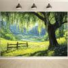 2D Party Backdrop Idyllic Countryside Tapestry, Willow Tree Over Wildflower Meadow