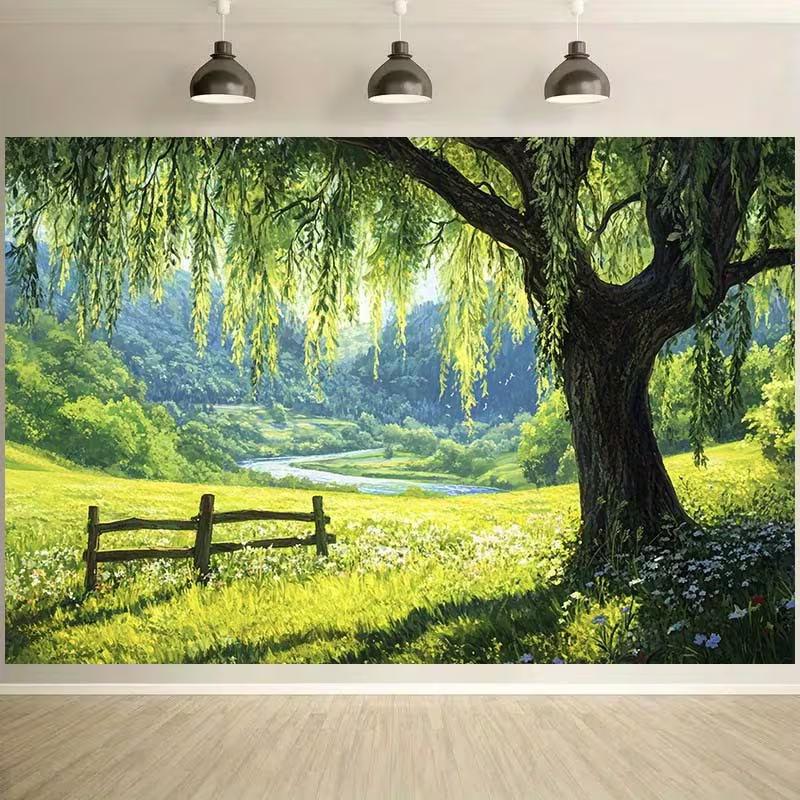 2D Party Backdrop Idyllic Countryside Tapestry, Willow Tree Over Wildflower Meadow