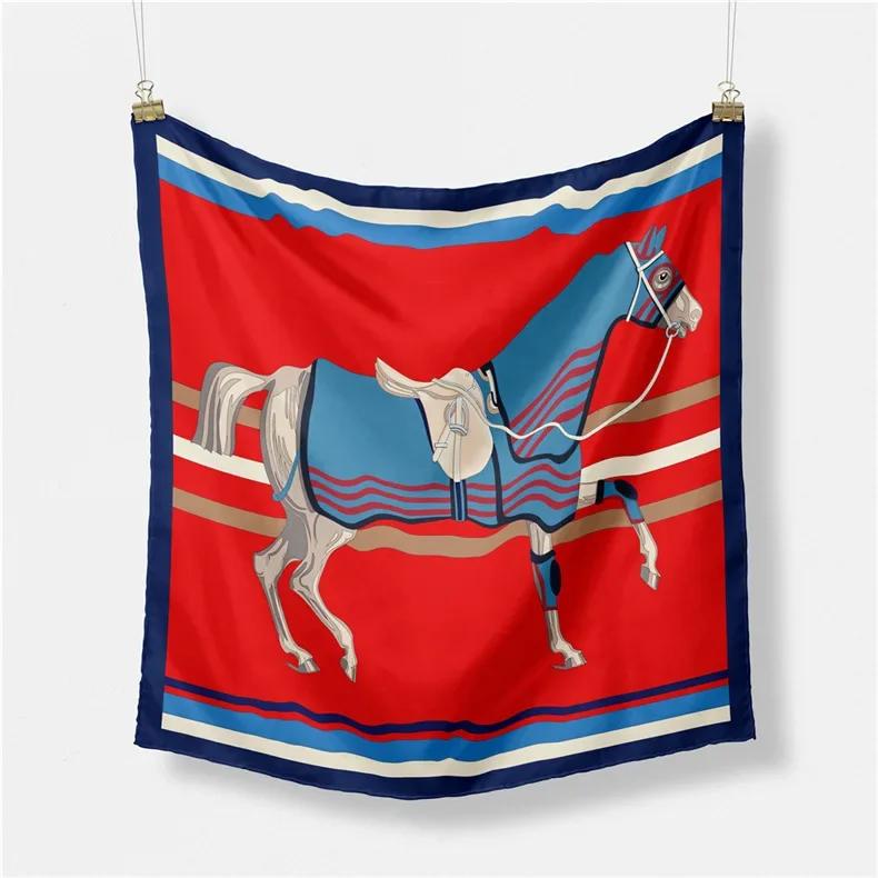 Luxury Horse Print Silk Square Scarf Women Spring Neck Tie Shawl Wraps Female Hair Hand Wrist Headkercheif Hijab Bandana
