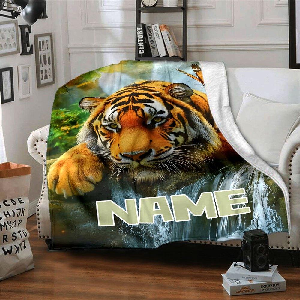 Tiger By Waterfall With Butterfly And Leaves Space Lightweight Customizable Blanket Customize Text Soft Cozy Great For Sofa Couch Office Bed Picnics