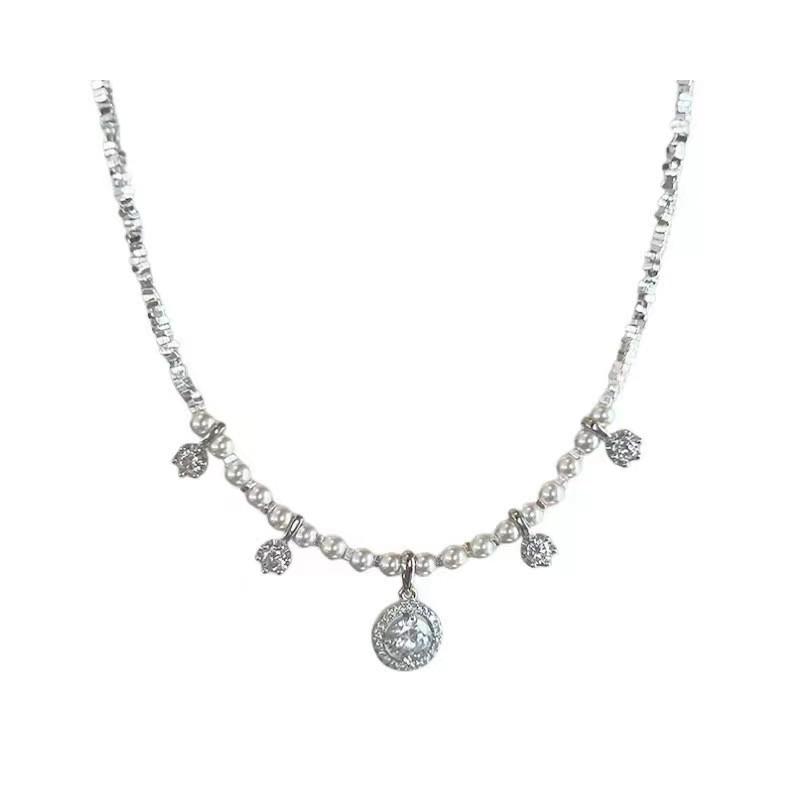 

Super flash zircon broken silver pearl necklace women s new choker neck chain light luxury collarbone chain